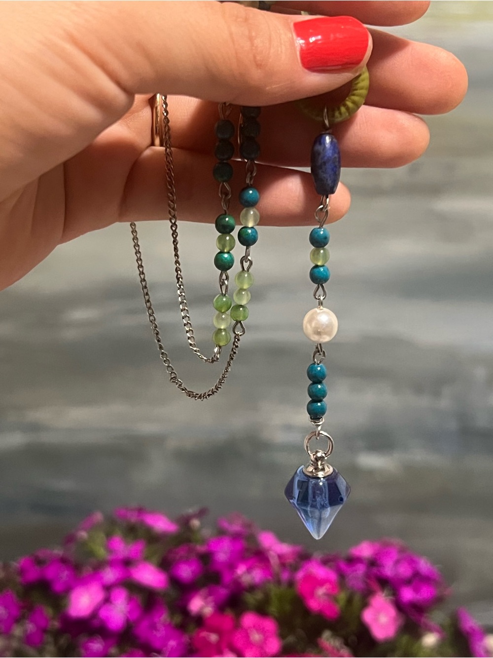 Handmade Green & Blue Beaded Lariat Necklace